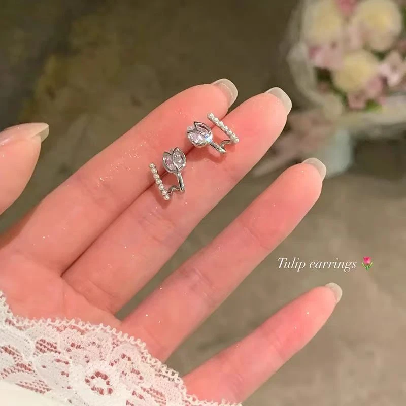 韩系甜美郁金香珠珠耳钉女轻奢小众高级感耳环独特绝美气质耳饰