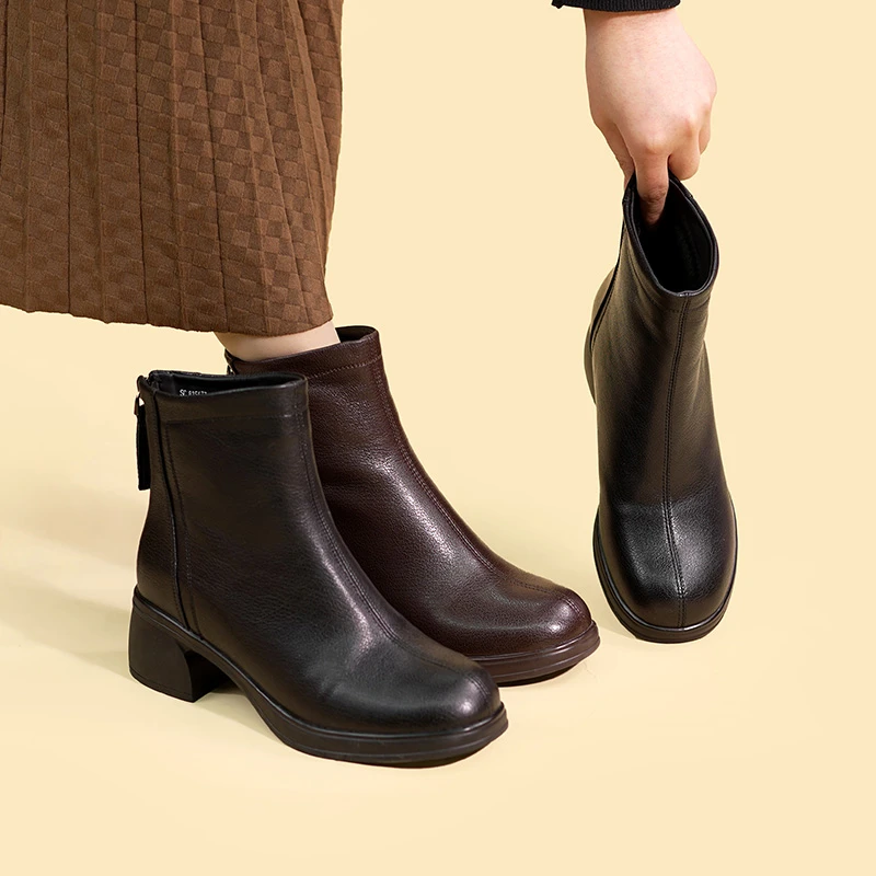 软底软皮短靴女2025新款瘦瘦靴真皮女鞋粗跟女靴时尚百搭皮靴靴子