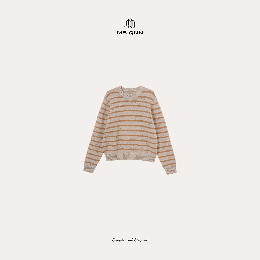 Ms.Qnn“芝士夹心”羊毛花纱松弛条纹显瘦圆领针织上衣 52T1736 Q姐