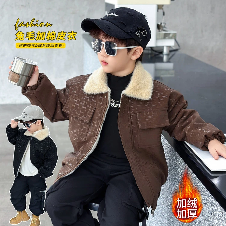男童冬装加绒字母皮衣冬季儿童韩版儿童潮酷加厚外套中小童上衣潮