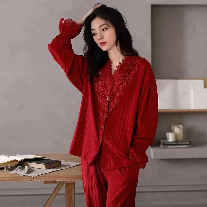 大红色本命年睡衣女春秋莫代尔长袖家居服奢华秋冬宽松女直筒套装