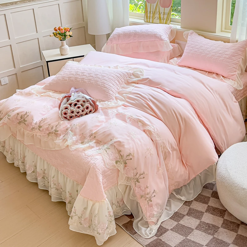 韩版加厚床盖公主四件套水洗刺绣被套床裙蕾丝花边三件套床单四季