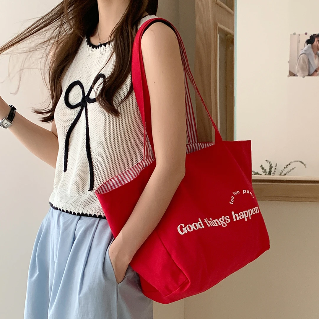 新款条纹字母帆布包女大容量单肩托特包欧若风学生上课通勤购物袋