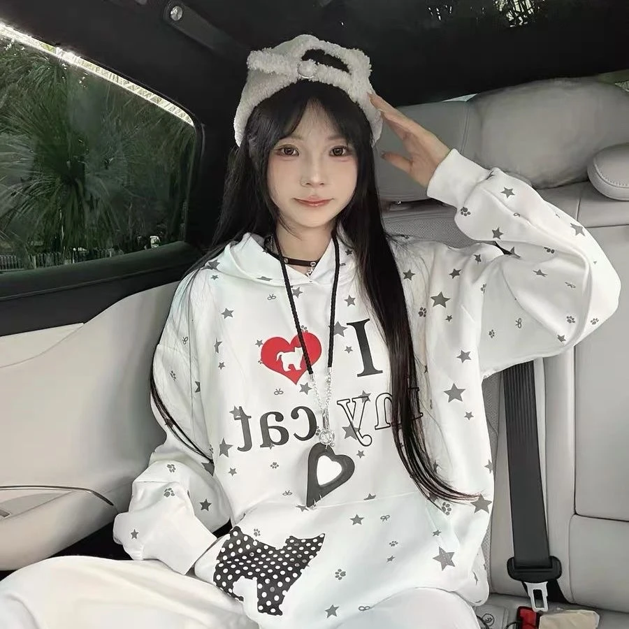 秋冬百搭宽松潮牌重磅印花卫衣连帽套头甜美小众长袖男女同款外套