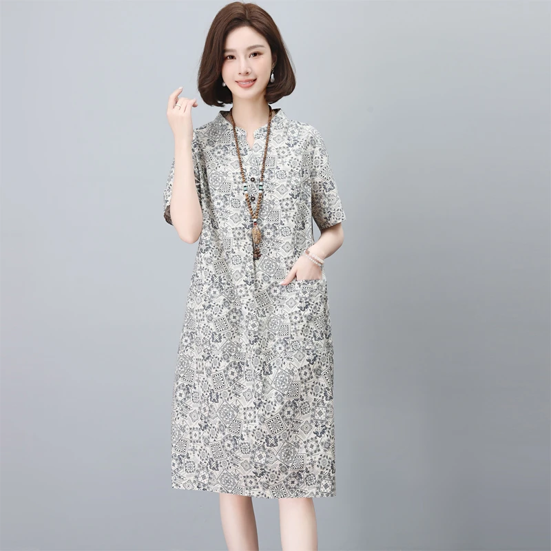 纯棉短袖连衣裙女夏2025新款气质妈妈宽松休闲显瘦印花薄中长裙子