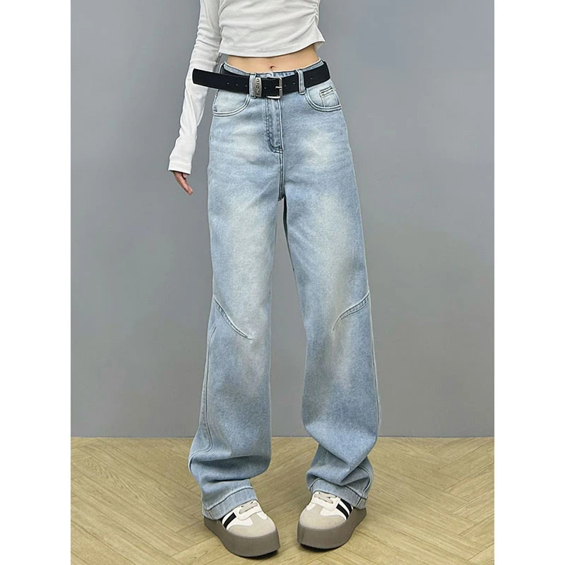 设计感浅色拼接弯刀牛仔裤女2025春季新款显瘦百搭直筒阔腿拖地裤