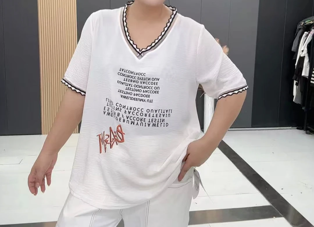 6619大码V领时尚显瘦百搭字母宽松半袖衫