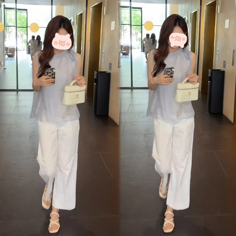 2025夏季韩版洋气设计感小香风上衣宽松休闲直筒裤两件套装潮女