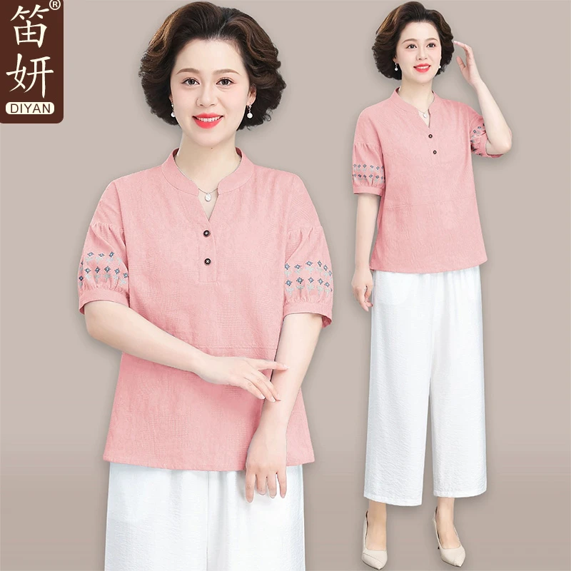 纯棉妈妈装夏上衣中老年人休闲棉麻短袖T恤小衫女装套装2025新款