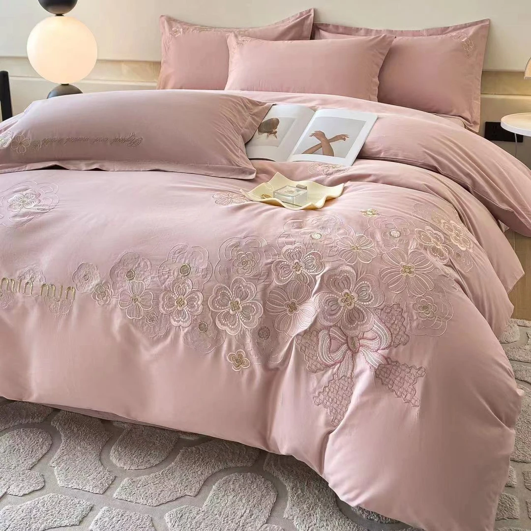 【高货清仓】高端轻奢设计师款超柔纯棉精工刺绣四件套-如梦/豆沙