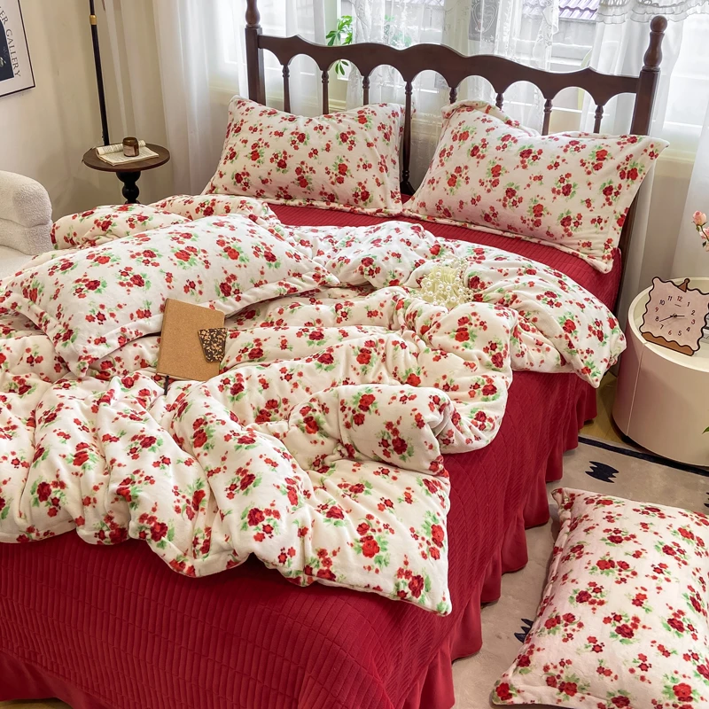 新款牛奶绒碎花床盖四件套加绒加厚学生双面绒印花小清新亲肤舒适