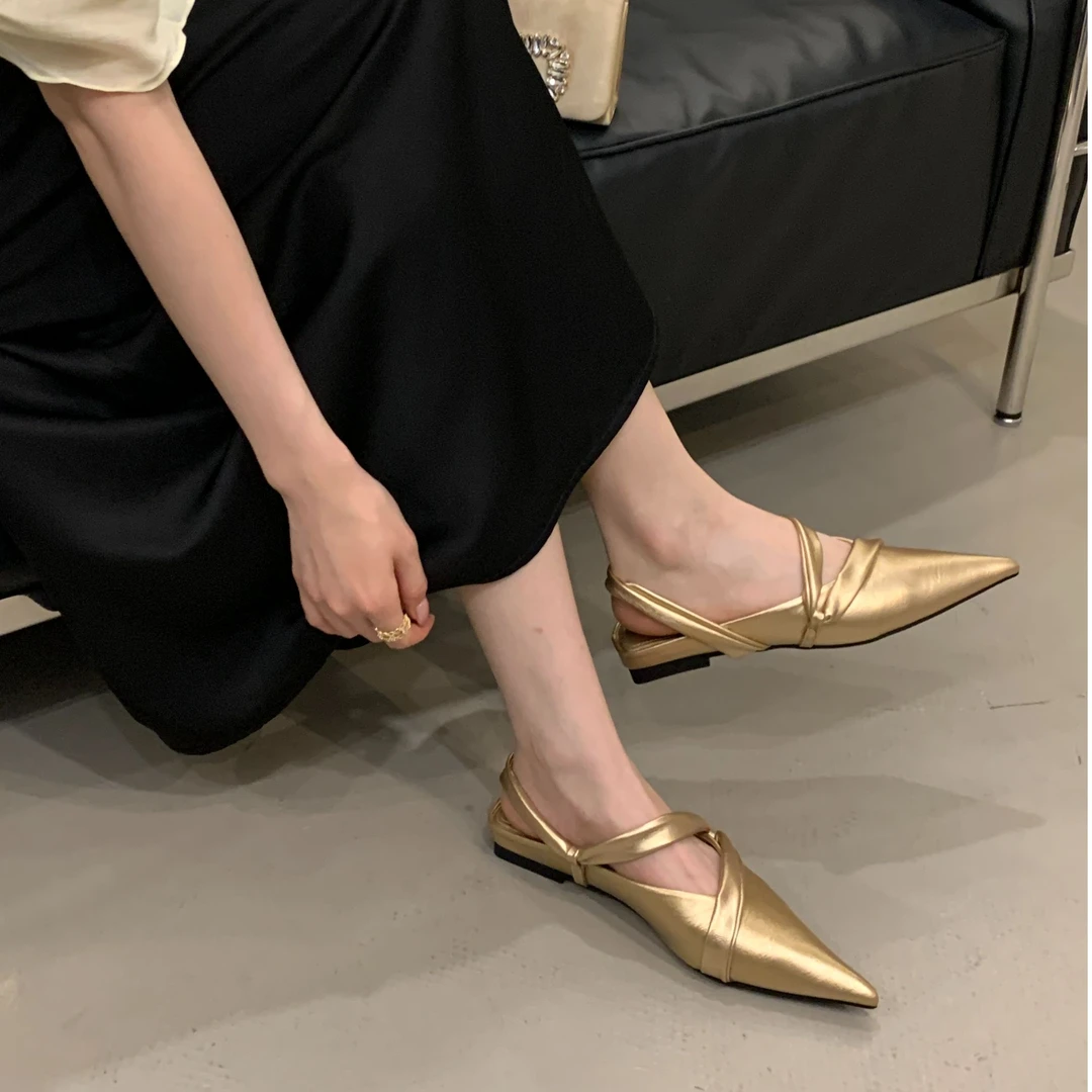 【新】2025-13法式气质尖头平底后空单鞋2025新交叉带通勤包头半拖