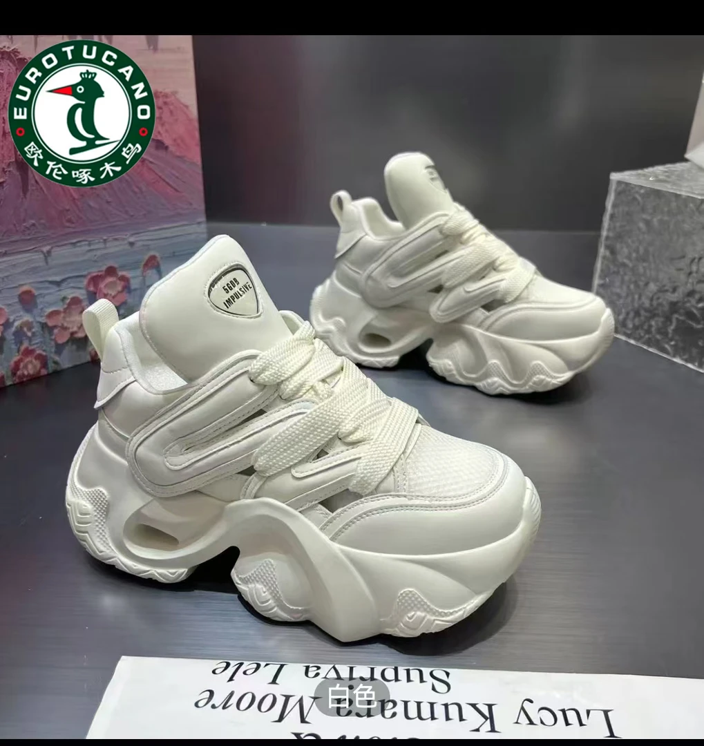 欧伦啄木鸟夏季透气老爹鞋女2025新款厚底增高轻便运动休闲小白鞋