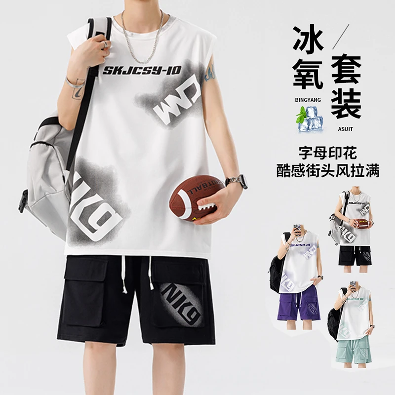 青少年夏季新款大码男印花套装男士帅气透气无袖背心直筒五分短裤