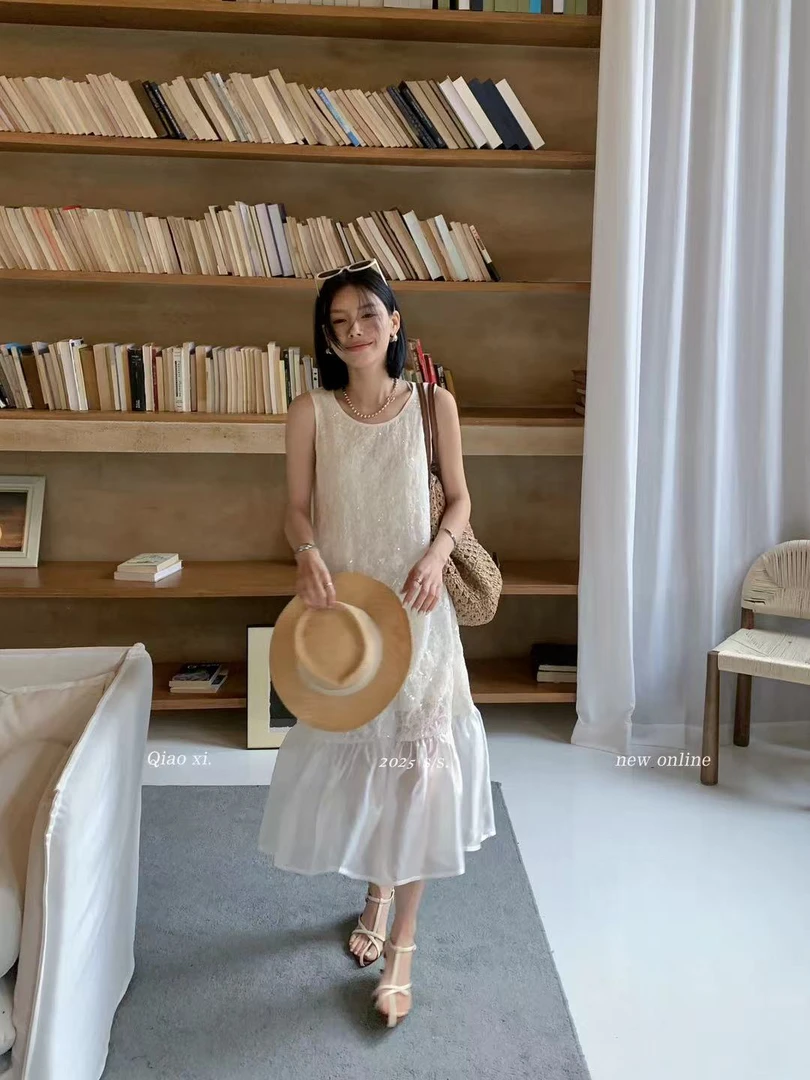 【锦衣服饰】YML 13702韩系重工亮片蕾丝无袖连衣裙