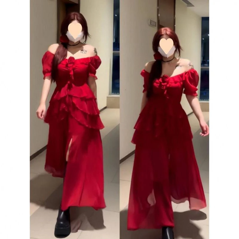 【玫瑰绽放】大码风情万种荷叶边红色长裙子夏法式气质一字肩连衣裙