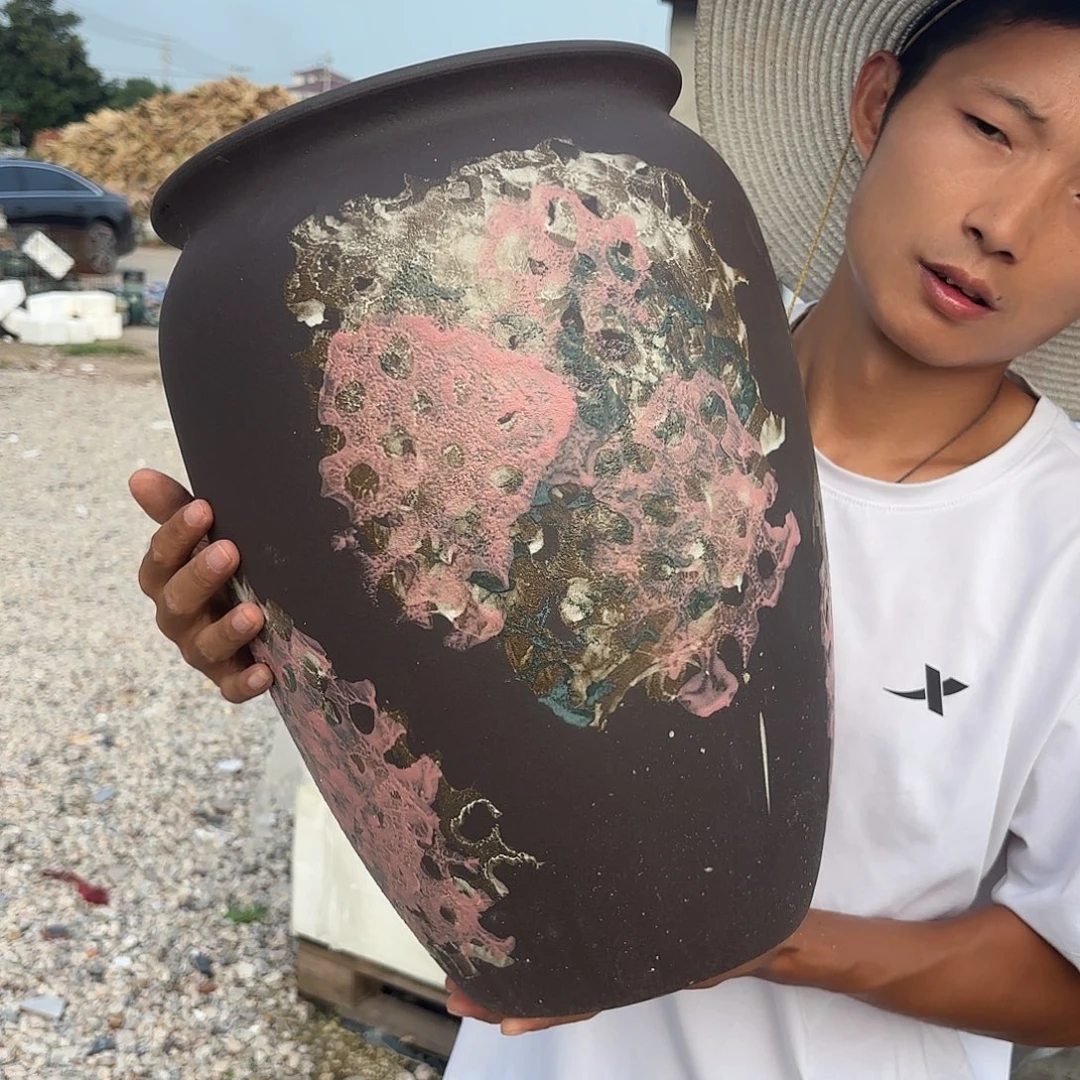花盆紫砂油画口径26高度41