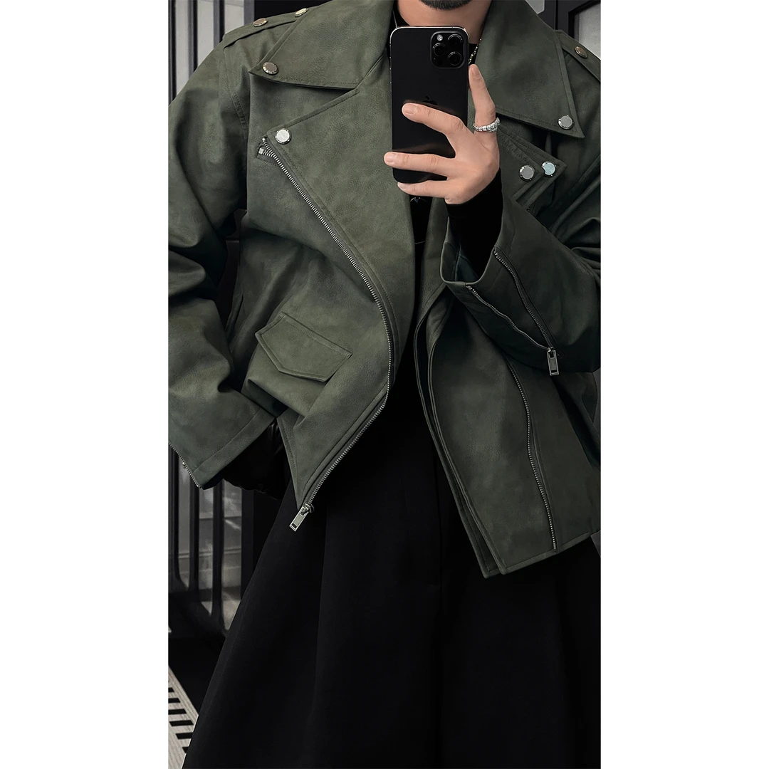 龙叨叨秋季新款潮流美式复古设计感百搭双领皮衣机车夹克外套男