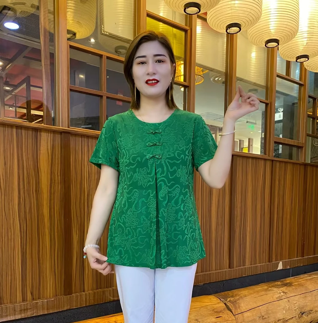 夏季新款圆领盘扣中老年女装大码洋气休闲风纯色中长款