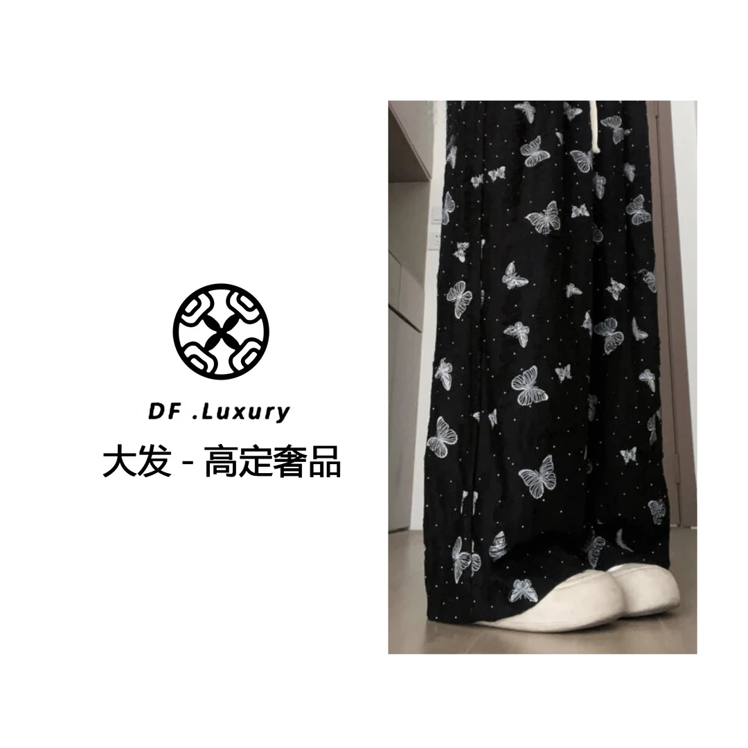 大码胖m200斤蝴蝶印花破洞山本裤女春夏季新款垂感高腰休闲阔腿裤