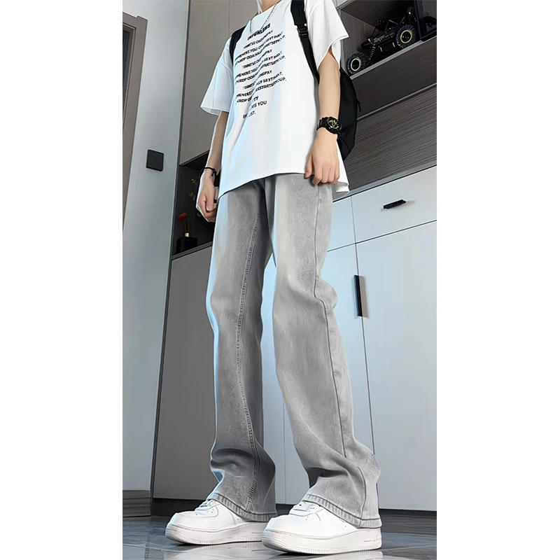 烟灰水泥色户外牛仔裤男款春夏季美式高街裤子潮牌弹力渐变微喇裤