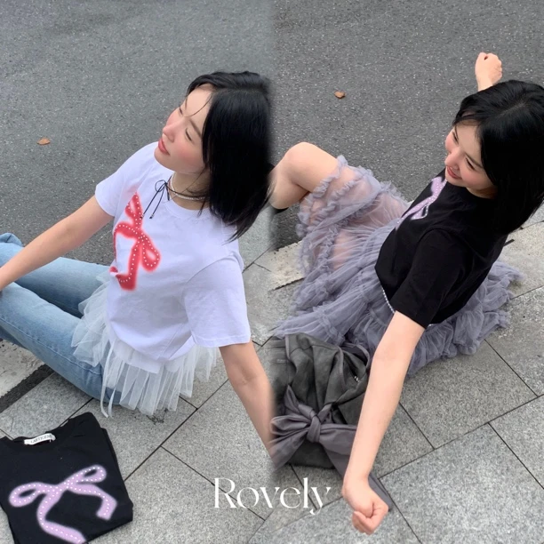 Rovely【张元英同款T】原单定制烫钻蝴蝶结印花短袖