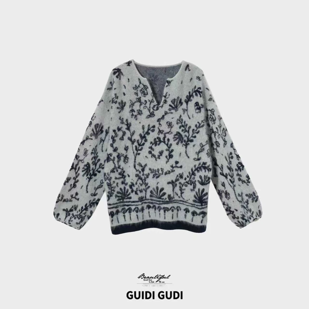 GUIDI GUDI【月照孤影】秋冬V领复古提花氛围感毛衣/黄加蓝