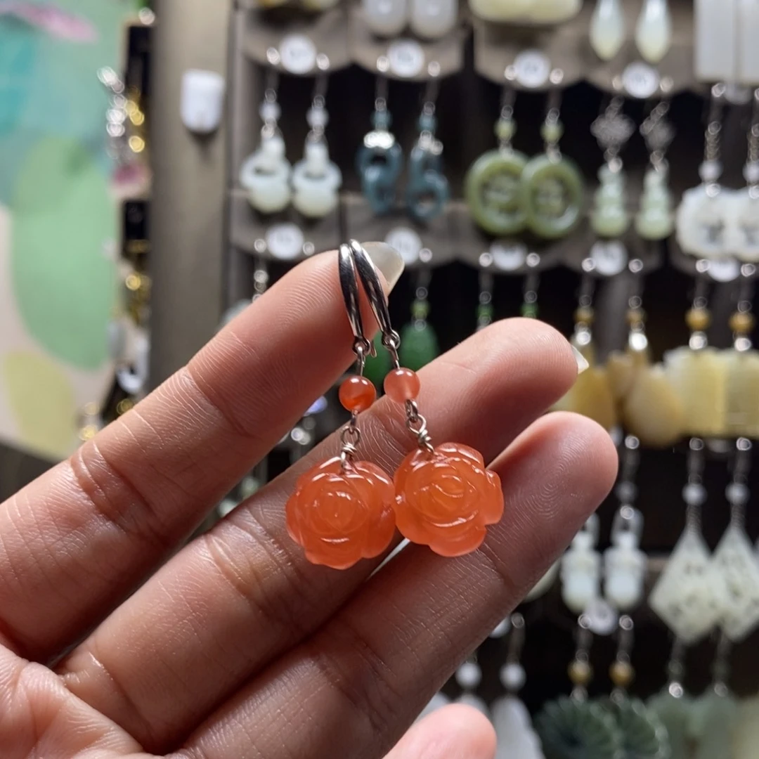 南红玛瑙耳饰银S925镶嵌玲*