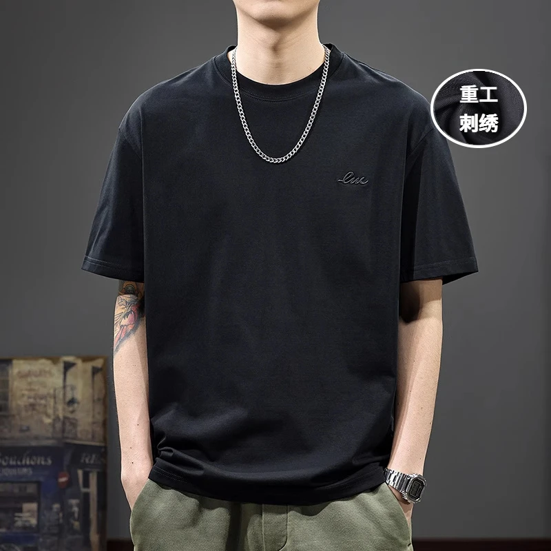 顶瓜瓜加大码300斤美式街头刺绣t恤男士夏季宽松百搭重磅纯棉上衣