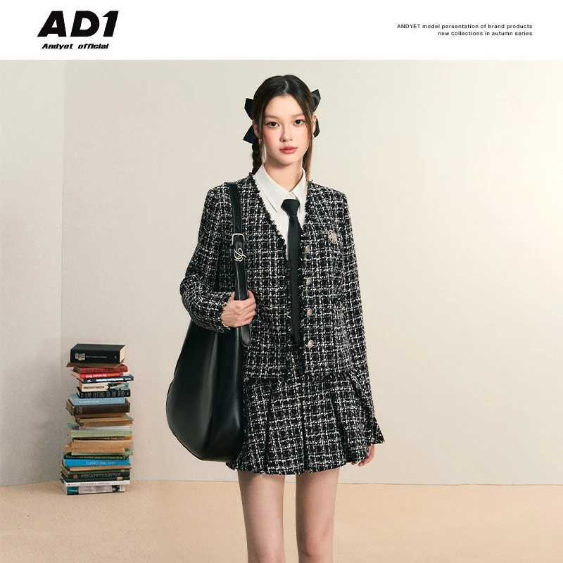 ANDYET AD1 原创V领小香风外套百搭通勤高级感格纹气质短款上衣秋