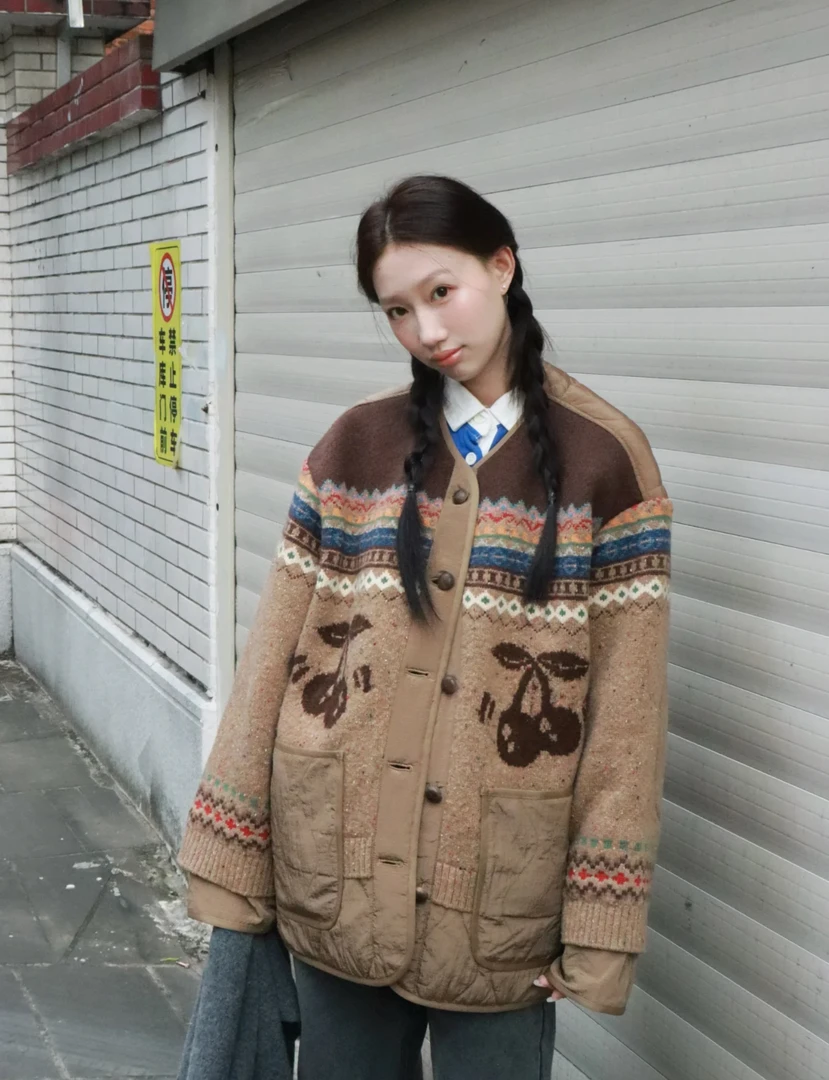 【G5256】棉衣外套25冬正反两穿樱桃费尔岛棉服针织开衫女