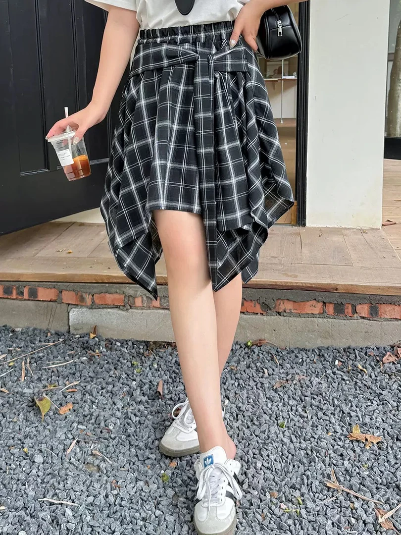 大圆自制 夏季格子不规则半裙