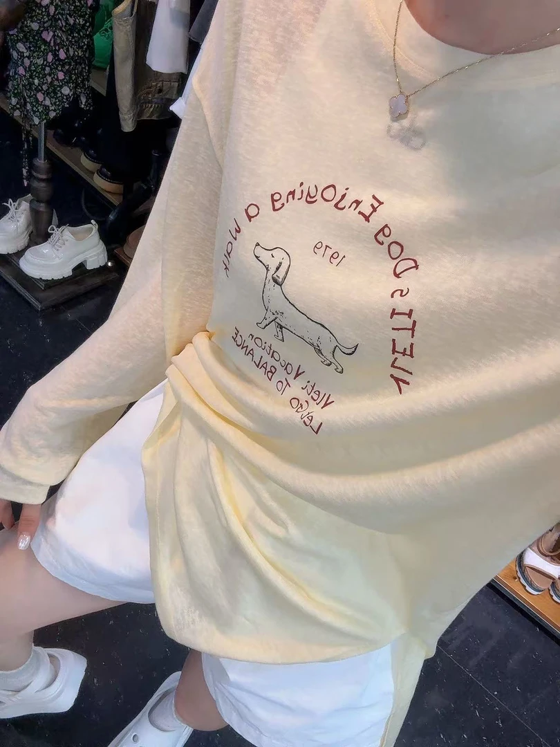 夏季薄料宽松版长袖防晒小衫卡通图案慵懒风格