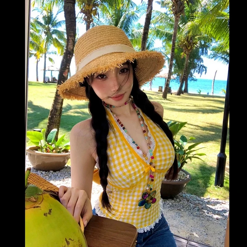 〔运补6〕多巴胺格子辣妹背心吊带女夏季性感蕾丝格纹挂脖上衣外穿