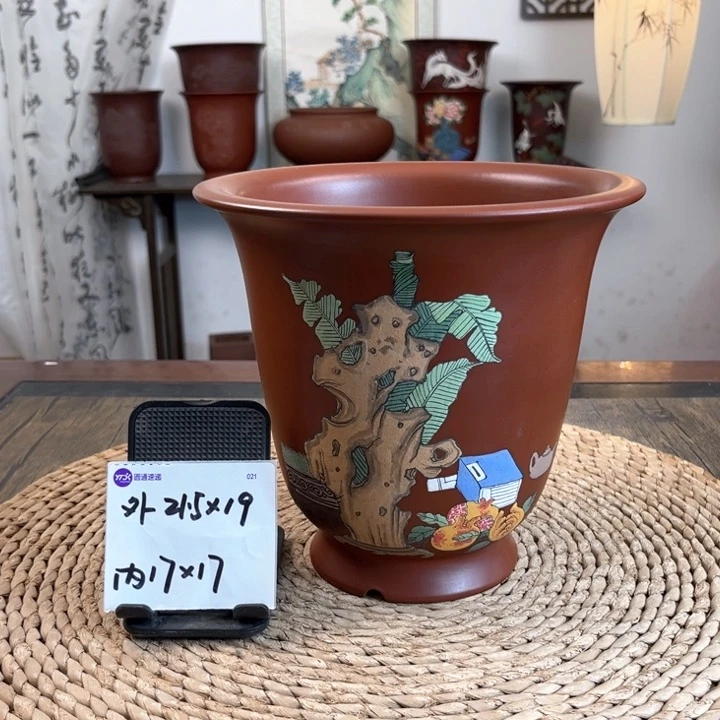 紫砂花盆全料大红袍清供图手绘