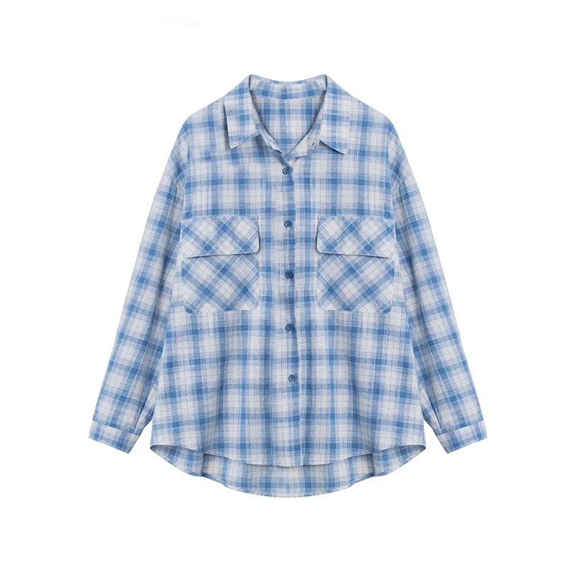 【蓝颜知己】翻领清新撞色格子显瘦时尚衬衫A2829