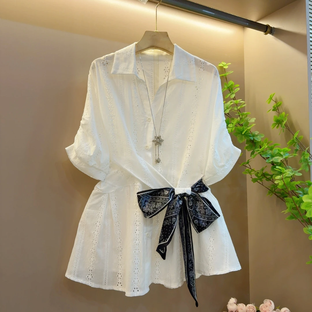 2025年时尚气质夏季翻领休闲系绳洋气百搭短袖上衣（衣长71左右）
