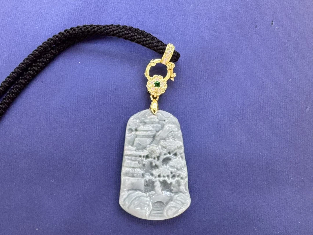 【周总专属】冰莹剔透时尚高奢翡翠A货合金镶嵌山水牌【ZDZ018】