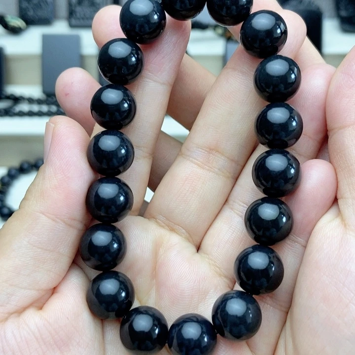 未镶嵌手链和田玉（墨玉）卡12圆珠手串 微包容