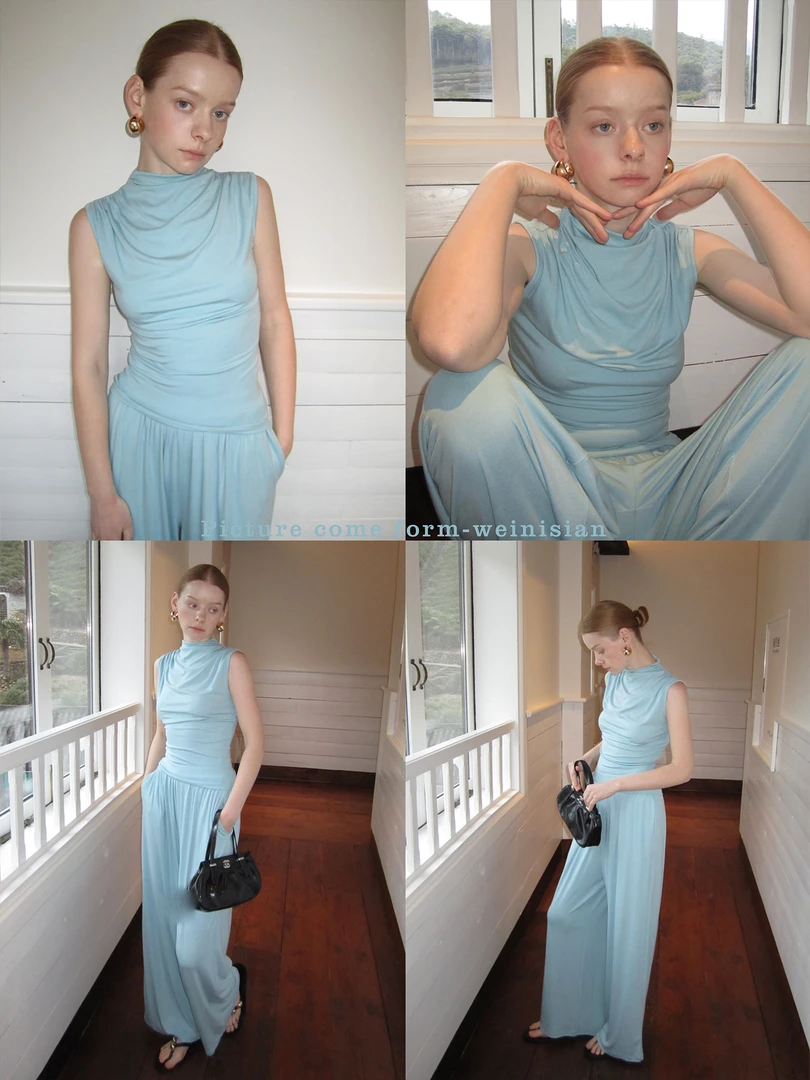 朱小姐私服针织套装2025夏新款高腰阔腿裤两件套无袖上衣女25014