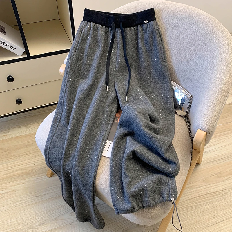 重工烫钻拼接抽绳松紧腰卫裤女秋冬新款高级感加绒加厚休闲弯刀裤
