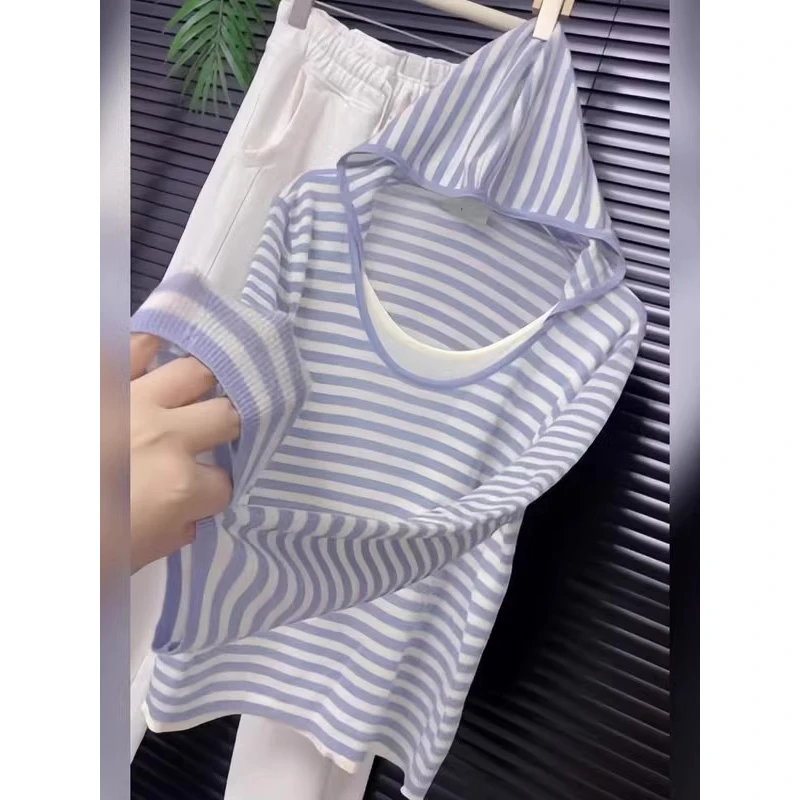 假两件蓝色连帽条纹针织衫百搭轻薄舒适慵懒内搭长袖上衣欧货春季