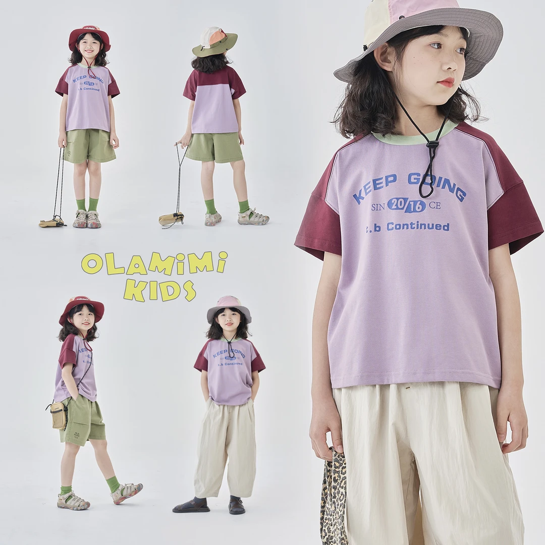 OLAMIMI定制2025夏亲子中性撞色活力拼接字母美式复古休闲短袖T恤