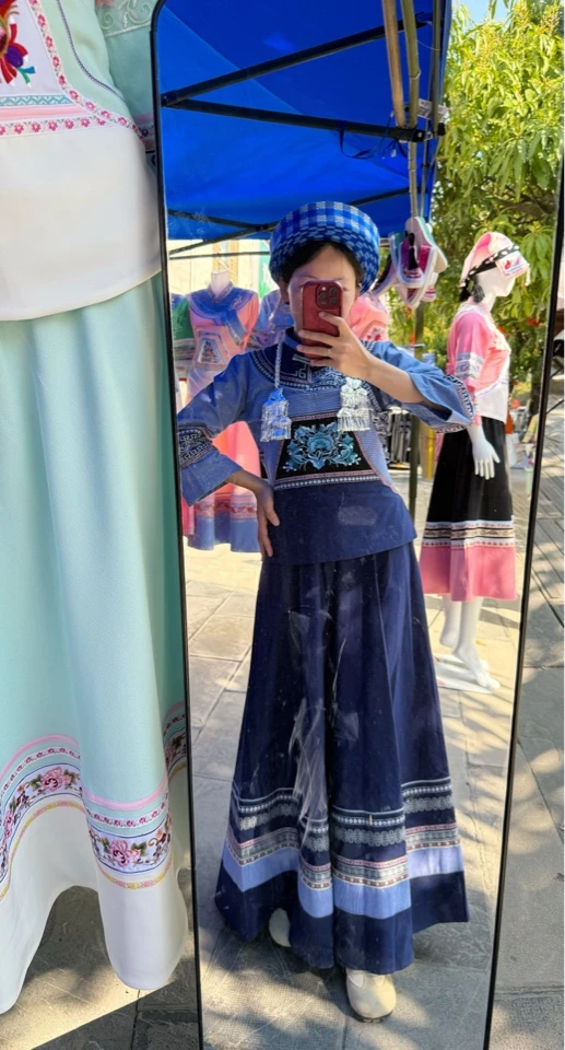 布依族壮族民族风刺绣大裙摆蓝色格子复古套装