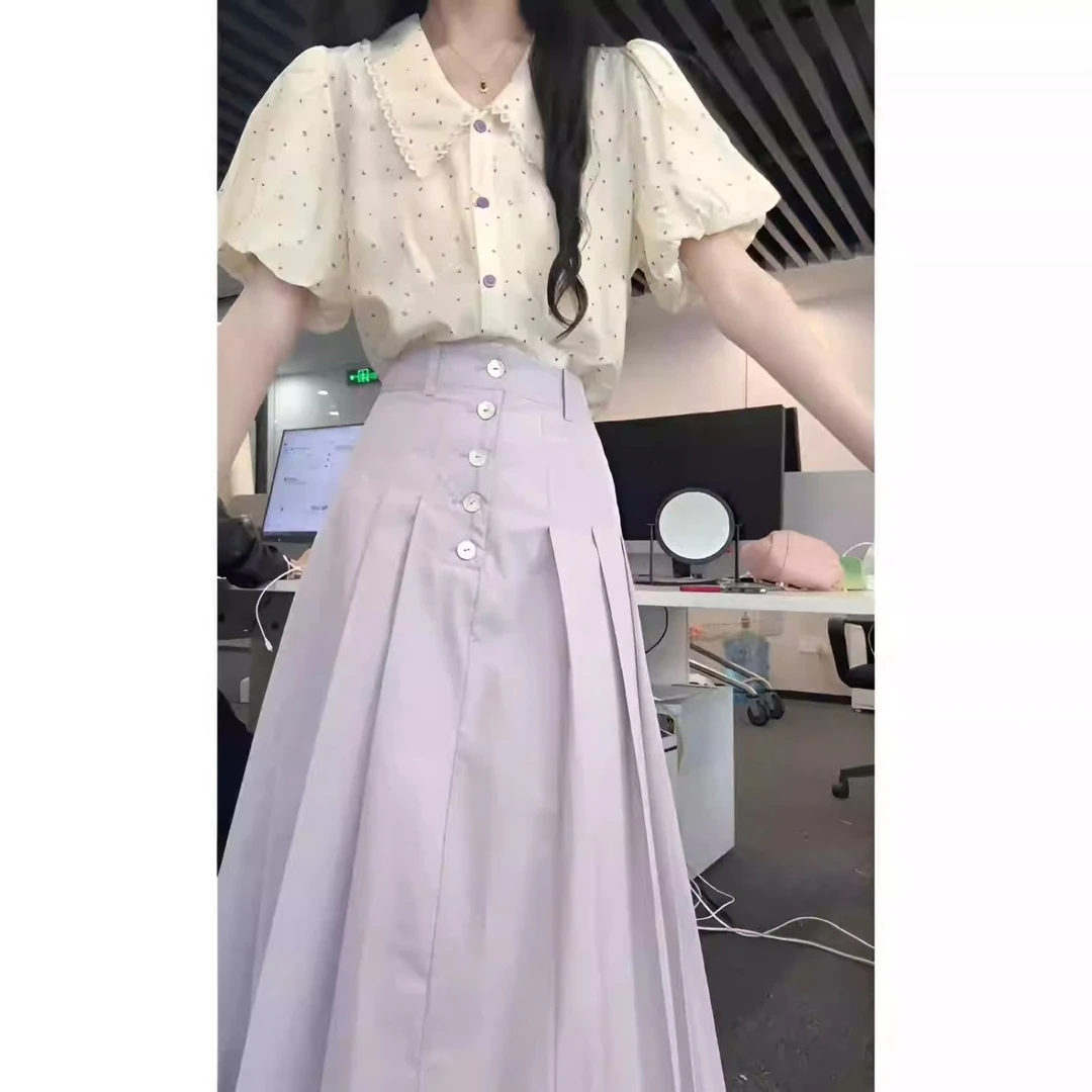 2025夏季时尚套装穿搭女新款显瘦气质波点上衣设计百褶裙两件套装