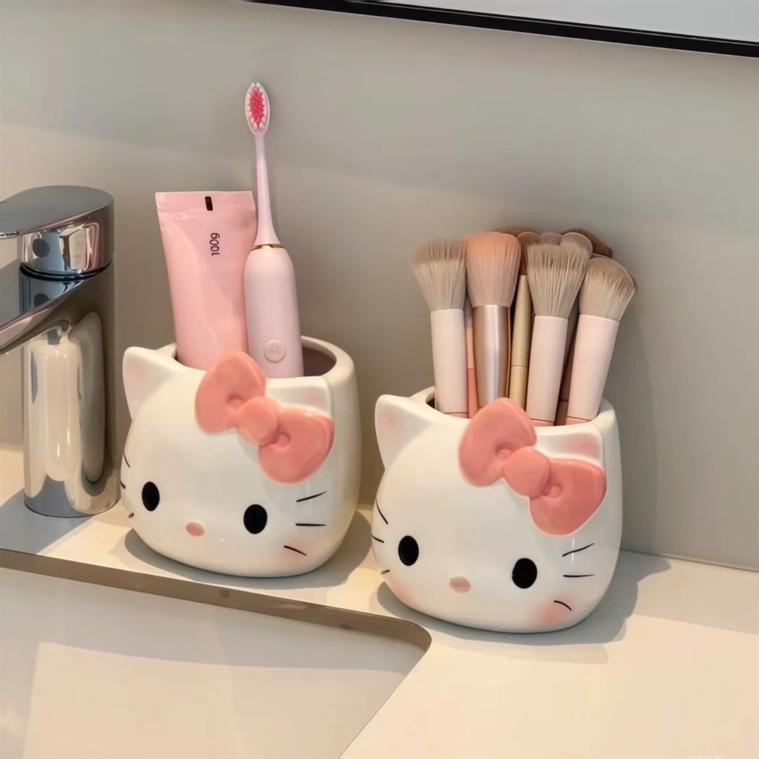 可爱猫咪收纳罐家用洗漱台牙刷架化妆刷收纳盒卡通少女心装饰件zy