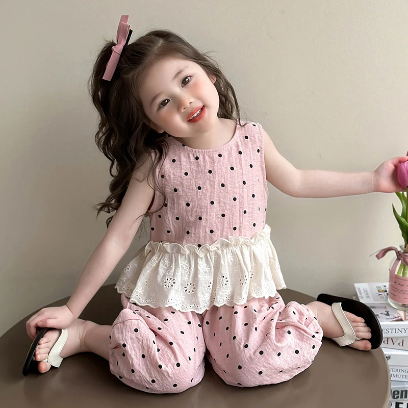 女童套装夏季新款女孩休闲薄款波点两件套夏装宝宝背心上衣短裤潮