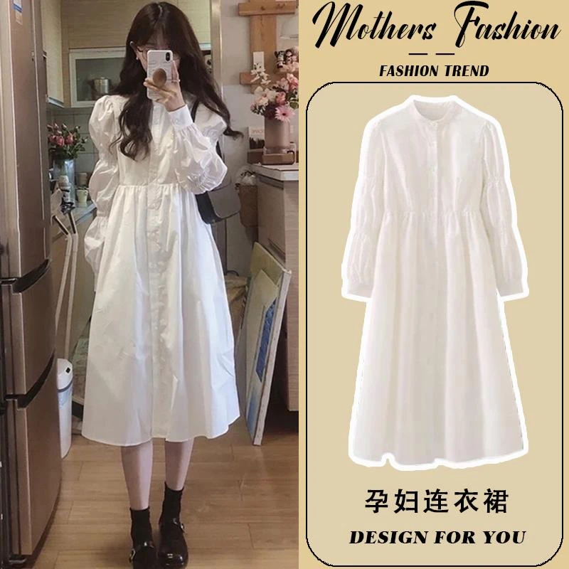 孕妇连衣裙春秋2025新款白色法式气质衬衫裙长袖清新温柔风中长款