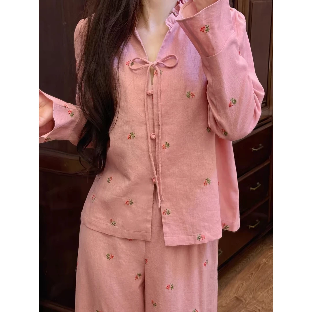 少女甜美蝴蝶结碎花睡衣女春秋新款纯欲风大码宽松长袖长裤家居服