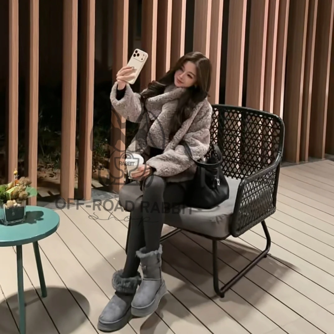 人造皮草 越野兔 小v领一颗扣羔毛仿皮毛一体外套配围脖两件套